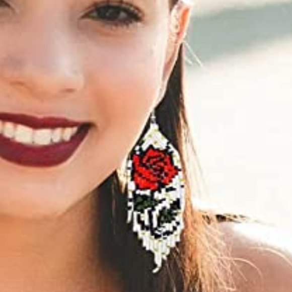 Long 4.5" Handmade Beaded Rose Earrings Large Roses Beads Handcrafted Floral - Picture 3 of 5